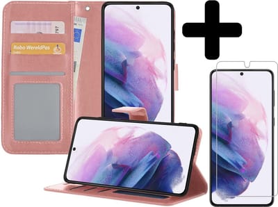 Hoesje - Met Screenprotector - Geschikt voor Samsung Galaxy S21 - Luxe Pasjeshouder - Bookcase Portemonee - Flip Case - Kunstleer Book Case - Flipcase - Book Cover - Walletcase - Portemonneehoes - Telefoonhoesjes - Rosé goud