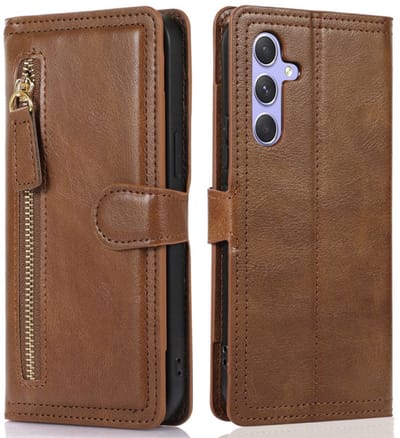 Bookcase Geschikt voor: Samsung Galaxy S25 FE / S25FE met ritssluiting - Hoesje Flipcover - Magnetisch - 5 kaarten houder - Donkerbruin