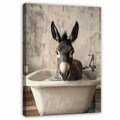 WALLARENA - Canvas schilderij - 100x70 cm - afbeelding van een ezel in een bad met dieren, verticaal voor de badkamer