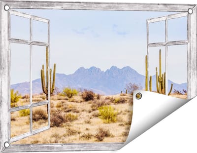 Gards Tuinposter Doorkijk Cactussen in de Woestijn - 60x40 cm - Tuindoek - Tuindecoratie - Wanddecoratie buiten - Tuinschilderij