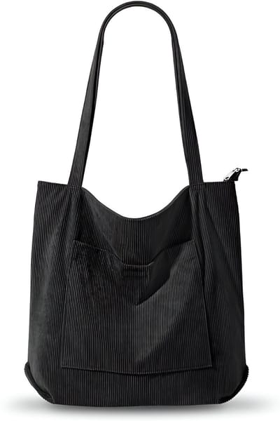 Famanu - Corduroy Draagtas voor Vrouwen – Grote Capaciteit Schoudertas met Koord en Rits – Waterdichte Boodschappentas voor School, Werk en Reizen, Zwart