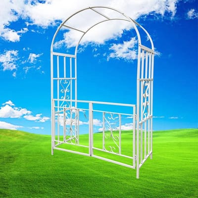Rozenboog met deur - Metalen plantenboog - Tuin decoreren - Duurzaam metaal - 210 x 114 cm - Wit