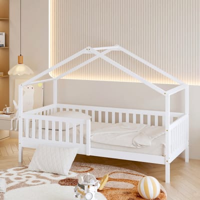 Sunny Kae Bedhuisje – Kinderbed Met Uitvalbeveiliging – 207 x 96 x 156,5 cm – Peuterbed Meisjes en Jongens – FSC 100% Hout – Huisbed 90x200 - Met Lattenbodem – Bedbank - Exclusief Matras – Wit