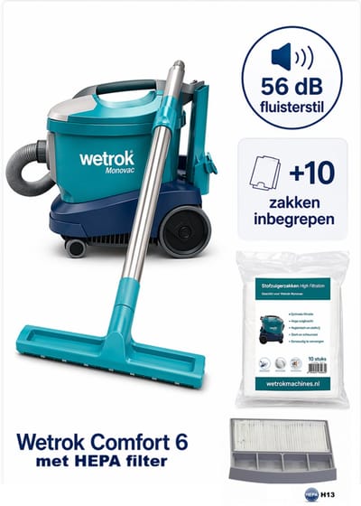 Wetrok Comfort 6 met HEPA H13 filter, COMPLEET PAKKET, Krachtige Zuigkracht, Professionele Stofzuiger – 900W – Zeer Stil (56 dB) – 12 m Kabel – Industriële Stofzuiger – Incl. 10 gratis stofzuigerzakken