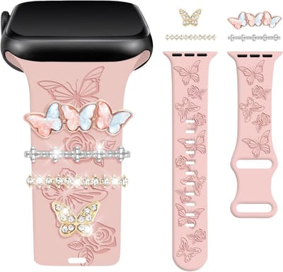 Gegraveerde Vlinder Armband met Decoratieve Ringlussen voor Apple Watch 38mm 40mm 41mm 42mm 44mm 45mm - Zacht Siliconen Bandje voor Dames, Geschikt voor iWatch Series 10, 9, 8, 7, 6, 5, 4