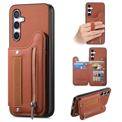 Telefoonhoesje geschikt voor Samsung Galaxy A57 5G - bruin - hoesje met rits en pasjeshouder - portemonnee wallet back case hoesje met rits - telefoonhoesje - back case
