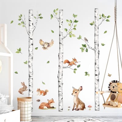 Grote Witte Berkenboom Muurstickers met Bosdieren voor Baby- en Kinderkamers, Peuter Speelruimtes en Klaslokalen