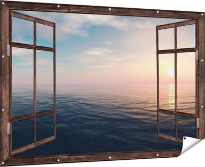 Gards Tuinposter Doorkijk Zee Water tijdens Zonsondergang - 180x120 cm - Tuindoek - Tuindecoratie - Wanddecoratie buiten - Tuinschilderij