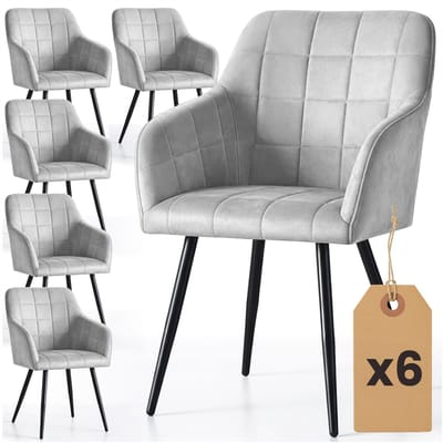 Set van 6 Eetkamerstoelen LUXANO met Armleuningen / Gestoffeerde Stoelen / Fluwelen Stoelen en Metalen Poten / Grijs met zwarte benen