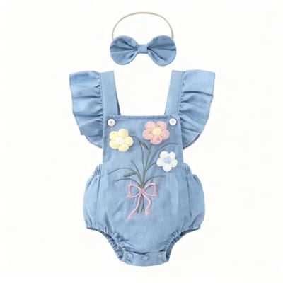 Baby Meisje Zachte Denim 3D Bloemen Geborduurde Flutter Overall Romper + Strik Hoofdband, Schattige 2-Delige Outfit 12-18M gray