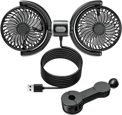 KZQ Verstelbare Dubbele USB Autoventilator voor Achterbank - 3 Snelheden, 360 Graden Draaibaar - Geschikt voor Auto, Vrachtwagen en Camper
