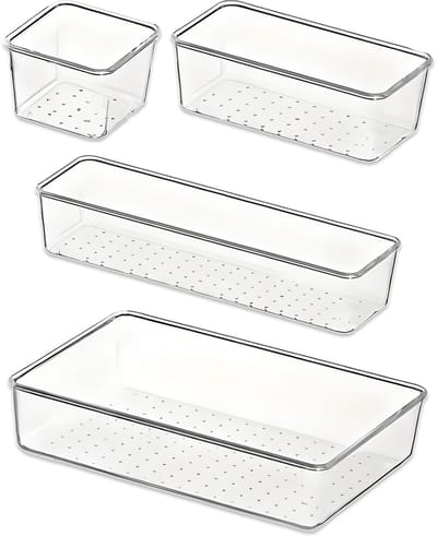 Organizer Set – 4 Transparante Opbergdozen in Verschillende Maten – Stapelbare Kunststof Ladeverdeler voor Make-up, Kantoor, Keuken en Badkamer