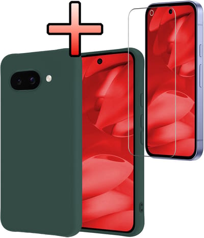 Hoesje - Met Screenprotector - Geschikt voor Google Pixel 9a - Sterk & Shockproof - Back Cover - Siliconen Case - Telefoon Hoes - Donkergroen