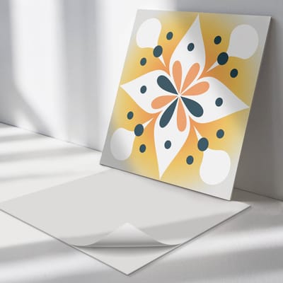 Wallfluent Vinyl Tegels - Bloemenpatroon met Stippen Vinyl Vloer Tegels - 30 cm x 30 cm - Oranje PVC Tegels - Set van 9 - Vierkant PVC Tegels - Patroon Plaktegels - Zelfklevende Vinyl Tegels - Plaktegels Keuken en Badkamer