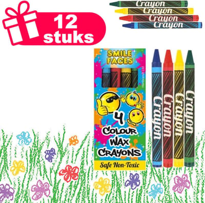 Henbrandt - 12 Stuks 4-Delige Smileys Waskrijtjes Sets - Kleurkrijtjes kinderen in de kleuren: Groen, Geel, Rood, Blauw - Traktatie uitdeelcadeautjes - Traktaties en kinderverjaardagen - Klein grabbelton speelgoed voor in traktatie uitdeelzakjes