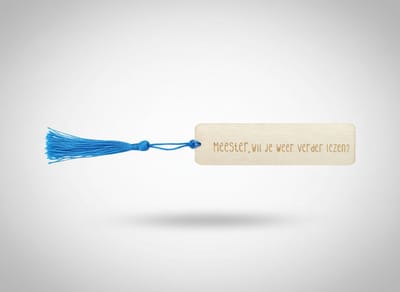 Hip met Pit Creaties Boekenlegger Meester - Houten met flos - 9x3 cm - "Wil je weer verder lezen?" - Cadeau meester