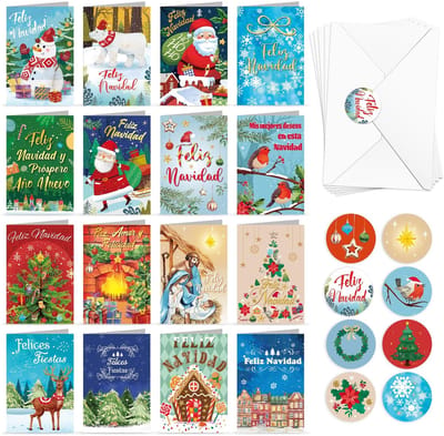 Dailygoods- Kerstkaarten 16 stuks - Aquarelstijl - Spaanse Kerstmis - Originele Illustraties - Feestelijke Berichten - Inclusief Enveloppen en Stickers - Feestkaarten