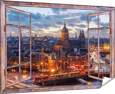 Gards Tuinposter Doorkijk Amsterdam Centrum Luchtfoto Zonsondergang - 180x120 cm - Tuindoek - Tuindecoratie - Wanddecoratie buiten - Tuinschilderij