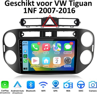 Junsun Android 15 Autoradio Geschikt voor VW Tiguan 1NF 2007-2016 - Draadloze CarPlay & Android Auto - GPS-navigatiesysteem - Bluetooth - Stuurwielbediening - WiFi - 9-inch Touchscreen - FM - RDS - USB