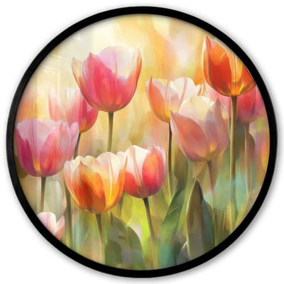 Poster in lijst Rond - Fotolijst 40x40 cm - Posters - Tulpen - Sprookjesachtig - Kleurrijk - Ronde posterlijst zwart - Decoratie - Wanddecoratie woonkamer - Muurdecoratie slaapkamer