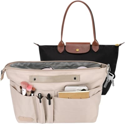 Inovra Plus - Multifunctionele tasorganizer voor dames handtassen - Polyester - Ritssluiting - Ruime vakken - Geschikt voor grote tassen - Beige - L* - Tasaccessoires - Opbergtas - Handtas organizer.