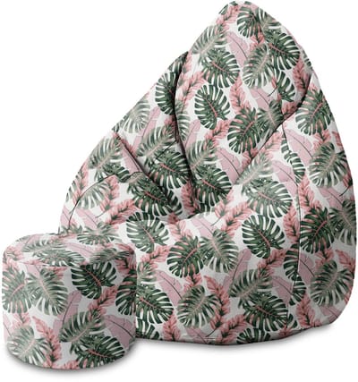 DreamRoots Velvet Zitzak voor Volwassenen – Luxe Beanbag met Voetsteun en Afneembare Hoes – Inclusief Vulling – 80x80x120 cm - Tropical Pink and Green Leaves