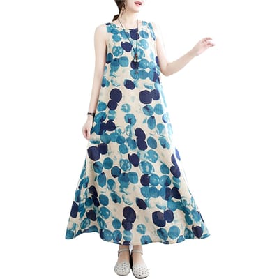 Robe bohème rétro femme coton fleuri soie sans manches gilet décontracté robe robes d'été pour femmes bleu
