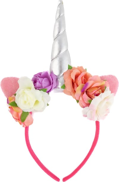 KIMU® Eenhoorn Haarband Bloemetjes Roze Band Zilver - Unicorn Diadeem Met Oortjes en Bloemen - Zilveren Hoorn Paarse Roze Bloemen Festival