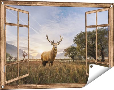 Gards Tuinposter Doorkijk Hert in het Landschap - 90x60 cm - Tuindoek - Tuindecoratie - Wanddecoratie buiten - Tuinschilderij