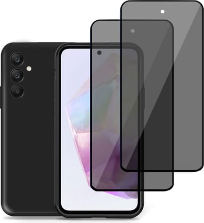 Hoesje + 2x Privé Screenprotector geschikt voor Samsung Galaxy A35 – Privacy Tempered Glass - Back Case Cover Zwart