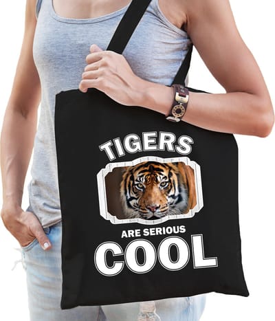 Dieren tijger katoenen tasje volw + kind zwart - tigers are cool boodschappentas/ gymtas / sporttas - cadeau tijgers fan