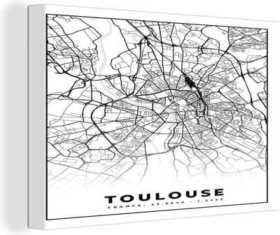 Canvas Schilderij Kaart - Stadskaart - Frankrijk - Toulouse - Plattegrond - Zwart wit - 30x20 cm - Wanddecoratie