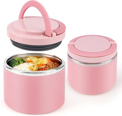 QTTVBTNA – Voedselcontainer – RVS – met Handgreep – Lunchbox en Soepbeker – Bewaarbox voor Maaltijden en Outdoor Gebruik – voor Soep, Werk & Reizen – 1000ml – Roze