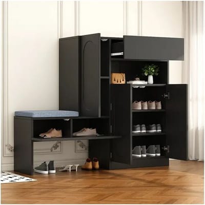 Merax Schoenenkast 2-in-1 - 130 x 35 x 110 cm - met 3 deuren + gestoffeerde bank - spaanplaat - zwart