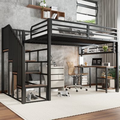 Wishdor – Hoogslaper met bureau en opbergrek – 120 x 200 cm – Zwart/Donker walnoot – Metaal en spaanplaat – Inclusief trap met leuningen – FSC-gecertificeerd