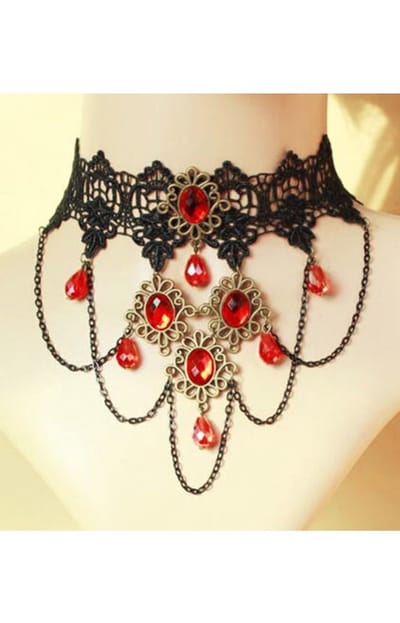 KIMU® Choker Zwart Kant met Rode Stenen en Kettinkjes - Kanten Zwarte Collar Ketting Vintage Lace Great Gatsby Roaring Twenties Blinders Charleston Brocante Jugendstil Art Deco Victoriaans Steampunk Sexy Antieke Festival