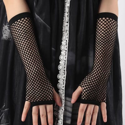 Zwarte Vingerloze Lange Visnet Handschoenen, Dames Feestuniform Gemêleerde Manchetten, Armbedekking Accessoires voor Podiumoptreden Length -24cm zwart