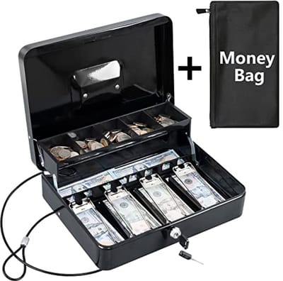 KYODOLED Cash Box met geldbak, sleutelslot geldveilig met beveiligingskabel en waterdichte tas, 11.81L9.45W3.54H inch, zwart X groot