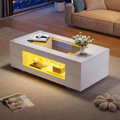 Salontafel Hoogglans - Moderne Woonkamertafel - Ontspannen en Lezen - App-gestuurde LED-verlichting - 100x50x35 cm - Wit