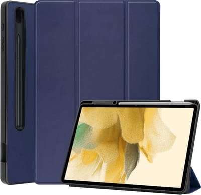 Hoesje Geschikt voor Samsung Galaxy Tab S7 FE - Dun & Stevig - Trifold Bookcase - Hard Cover Case - Met Uitsparing Geschikt voor S Pen - Hardcover Book - Tablet Hoes - Donkerblauw