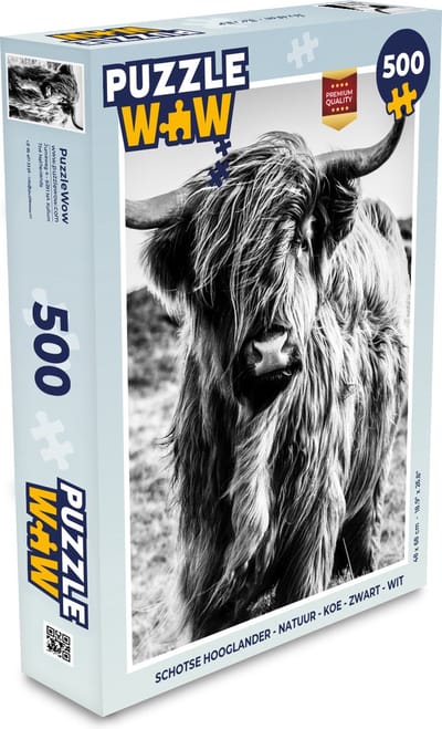 Puzzel Schotse hooglander - Natuur - Koe - Zwart - Wit - Legpuzzel - Puzzel 500 stukjes