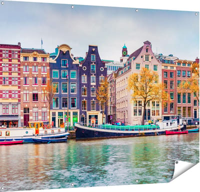 Gards Tuinposter Amsterdamse Huisjes vanaf de Gracht - 150x120 cm - Tuindoek - Tuindecoratie - Wanddecoratie buiten - Tuinschilderij