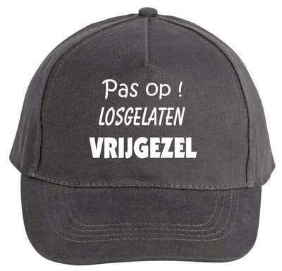 Mijncadeautje - 5 panel - Cap - Verstelbaar - Pet van 100% dik geborsteld katoen- unisex - opdruk wit - Pas op ! Losgelaten Vrijgezel - chique grijs