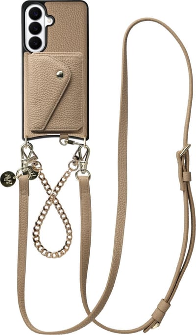 AVY Leren Hoesje geschikt voor Samsung Galaxy S26 | Met Koord en Magnetische Kaarthouder | Compatibel met MagSafe | Leather Case met 30CM & 130CM Koord & Wallet | Leather and Gold | Beige