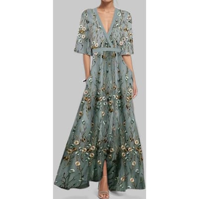 Lente Damesjurk Nieuwe Stijl Taille-knuffelend Slank Print V-hals Langemouwen Jurk 3XL gray