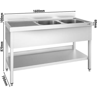 GGM Gastro Spültisch PREMIUM - 1600x700mm - mit Grundboden - mit 2 Becken rechts Zilver