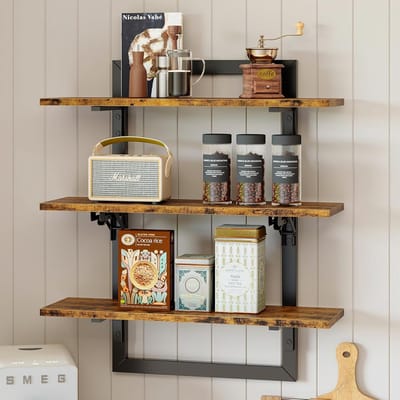 Wandplanken 24 Inch - Drie Laags Wandmontert, Industrieel Ontwerp, Opvouwbare Steunen, Perfect voor Keuken en Woonkamer