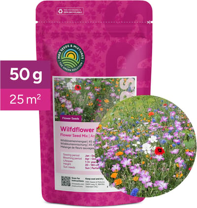 Wildbloemenmengsel - Eén- & meerjarige bloemzaden – Wilde bloemen - 45 bloemsoorten – 50 gram - Voor 25 m² – Aantrekkelijk voor vlinders en bijen