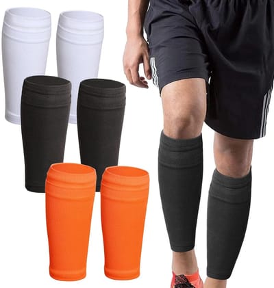 Dailygoods - Scheenbeschermerhouders, 3 paar, voetbalscheenbeschermers, sokken, anti-slip steunhouders, voetbal, scheenbeschermers, houder voor kinderen, volwassenen en beginners, zwart, wit, oranje