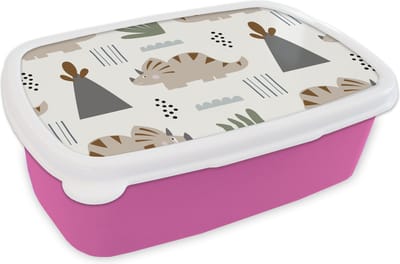 Broodtrommel Roze - Lunchbox - Brooddoos - Jongens - Kinderen - Patroon - Dinosaurus - 18x12x6 cm - Kinderen - Meisje